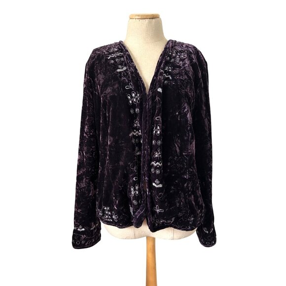 Chicos Women's Sz XL Velvet Embroidered Open Front Jacket Purple - Picture 14 of 14